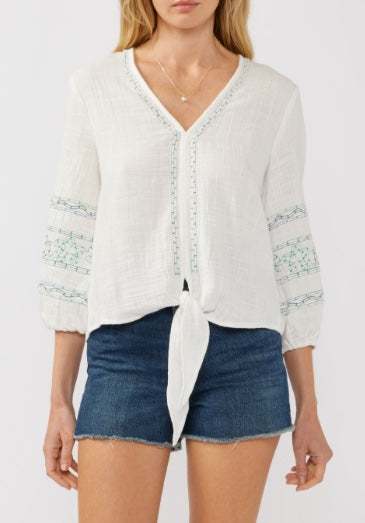 Embroidered Sleeve Tie Front Top